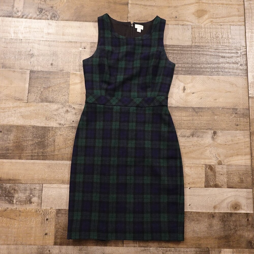 J.Crew Wool Blend Plaid Sheath Dress Women’s 0‎ Green Navy Tartan Classic